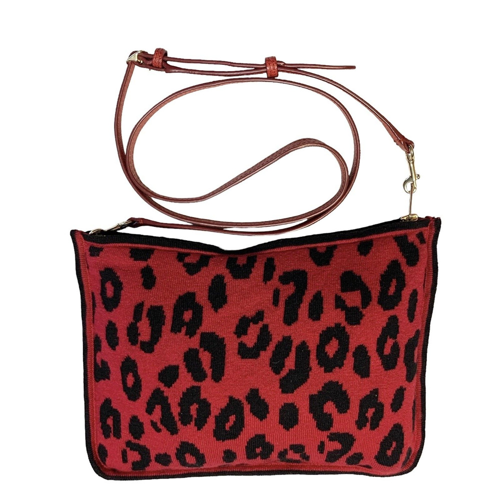 Chico's Red Leopard Convertible Crossbody Clutch Bag Retro Knit Cotton Wool Zip